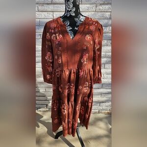 Rust Floral V-Neck Tiered Women’s Dress NEW